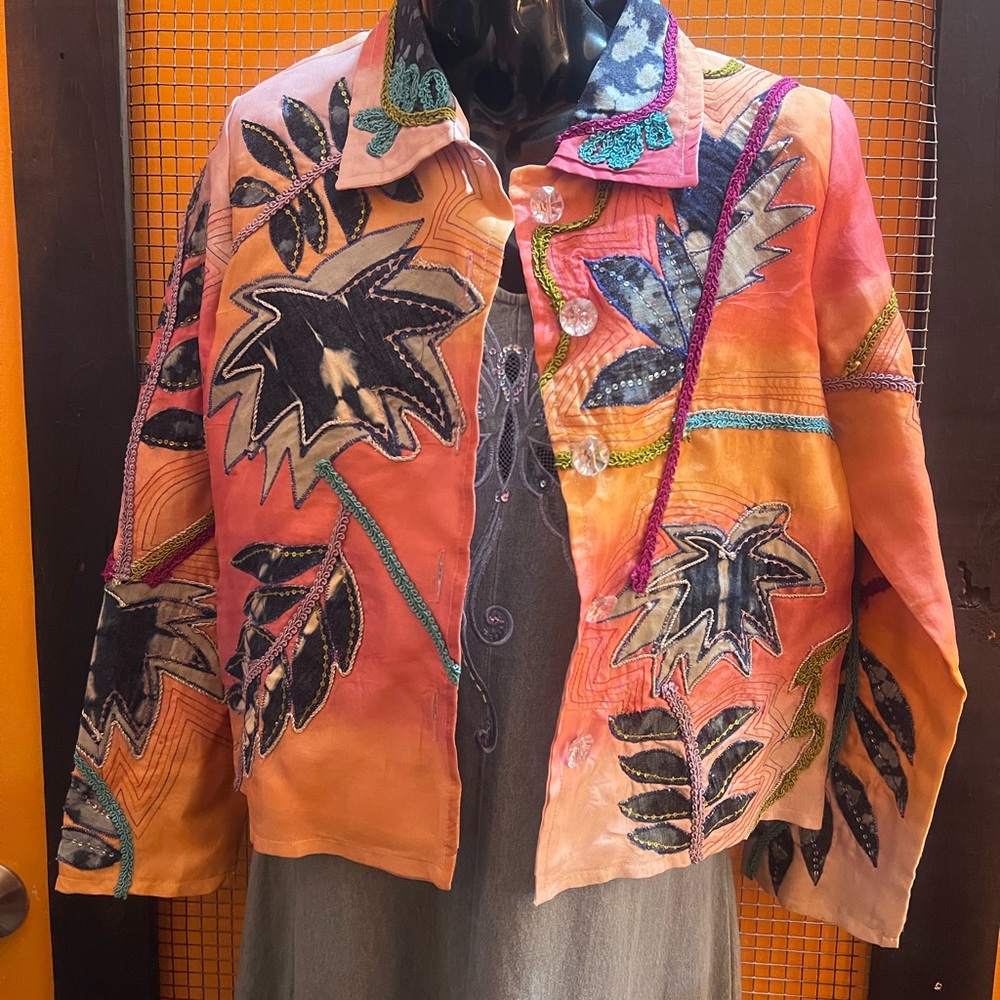 Vintage Handcrafted Pink-Orange Embroidered Jean Jacket with Leaf Motif